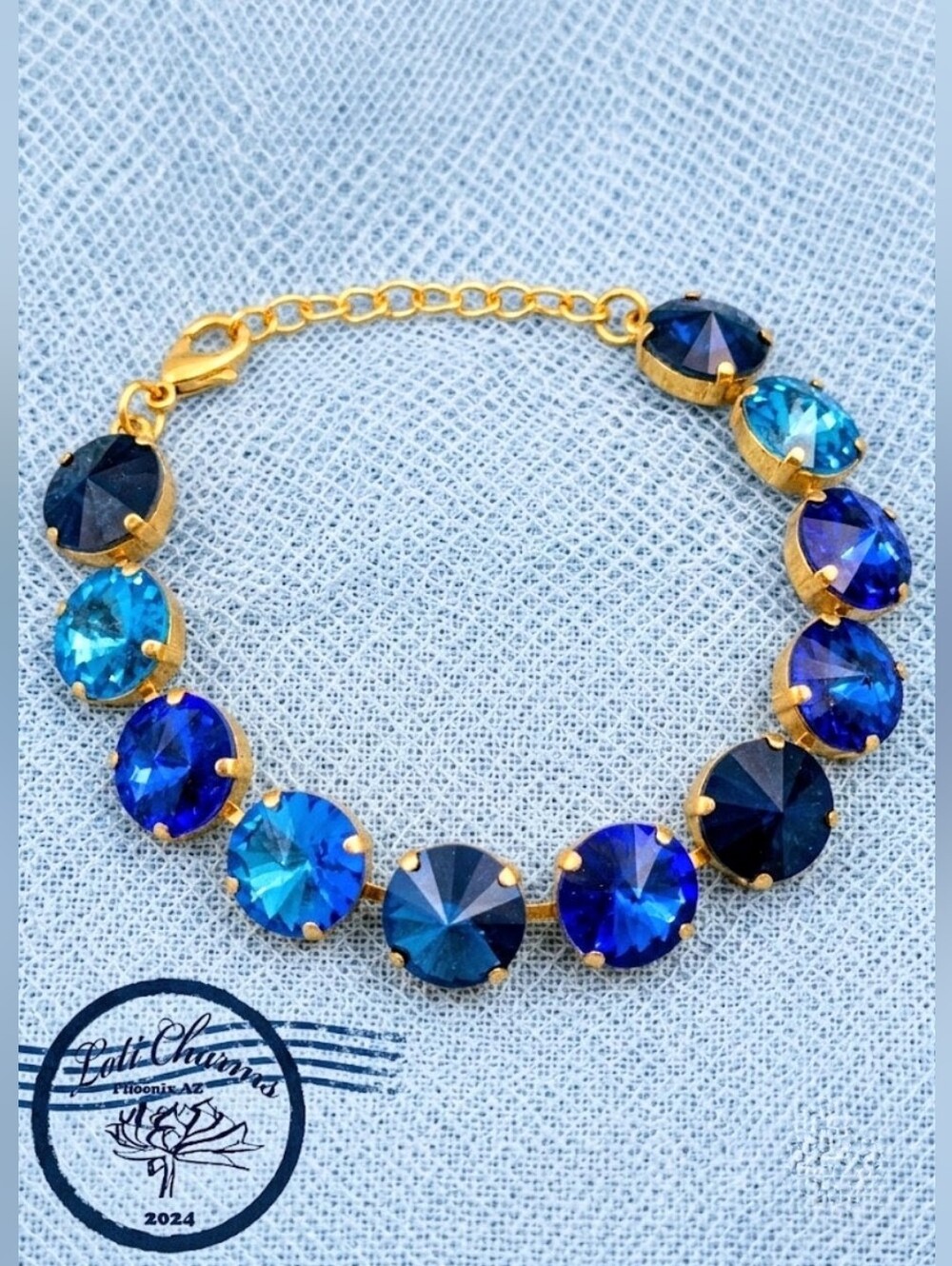 Industrial Cobalt Blue Crystals In Classic Tennis Bracelet In Gold Plated